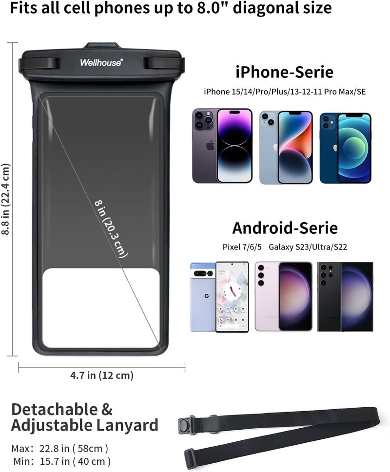 Wellhouse Waterproof Phone Pouch, Waterproof Phone Case for iPhone 16 15 14 13 12 Pro Max XS Samsung, IPX8 3D Cellphone Dry Bag Beach Essentials (2 Pack - Black & White8.0, 8 inch) - Image 4